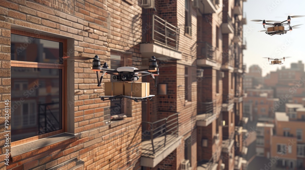 A drone is flying over a city with a brick building in the background