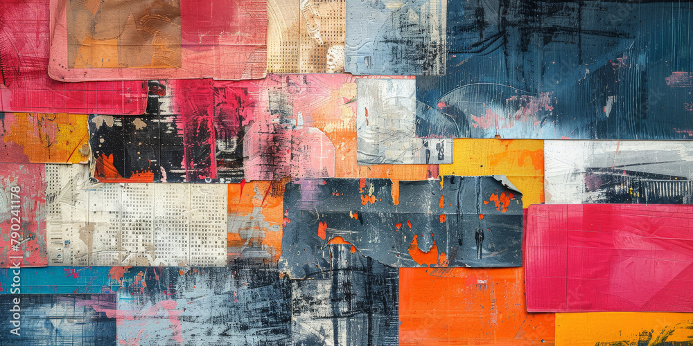 Fototapeta premium Abstract contemporary collage background with torn paper pieced and paint stains
