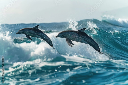Animals In Water. Playful Bottlenose Dolphin Family in Hawaii Pacific Ocean Red Sea © AIGen