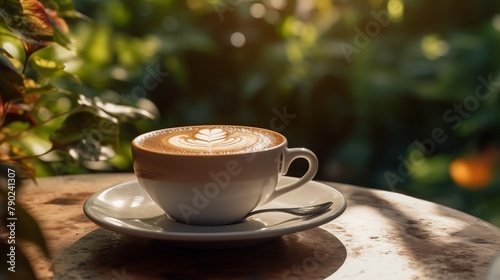 cup of cappuccino with latte art on saucer on an outdoor table basking in the dappled sunlight through leafy branches