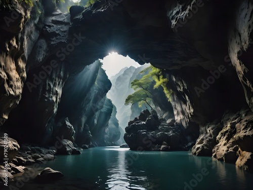 Magnificent view of a beautiful cave with large pool of water and a ray of sunlight landscape