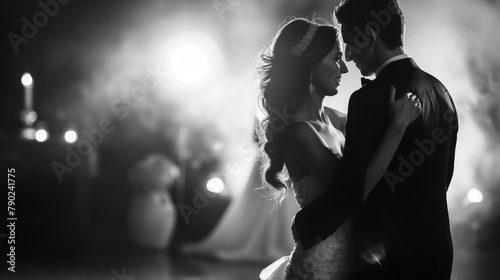 A black and white photo of a couple dancing at a wedding.


