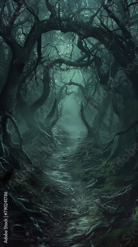 Dark woodland with trees on either side a path in the center and an atmosphere of terror