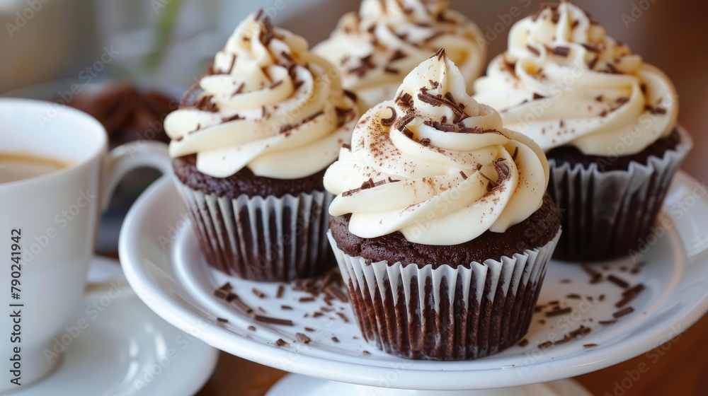 Vanilla frosted chocolate cupcakes with a side of coffee Vanilla frosted chocolate cupcakes with a side of coffee
