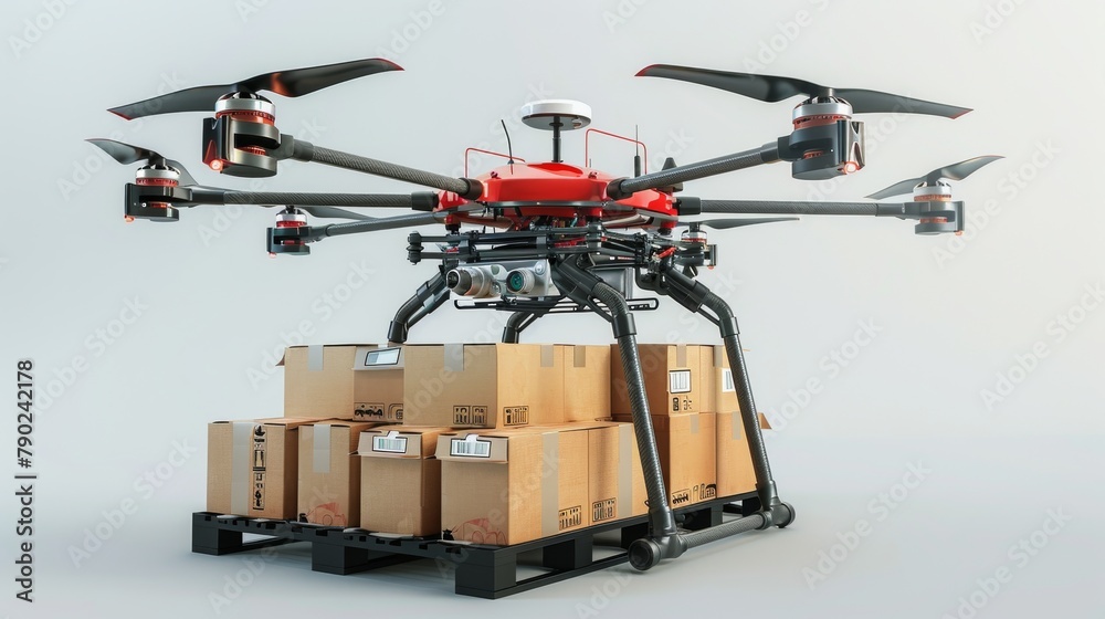 A large drone is hovering over a stack of boxes