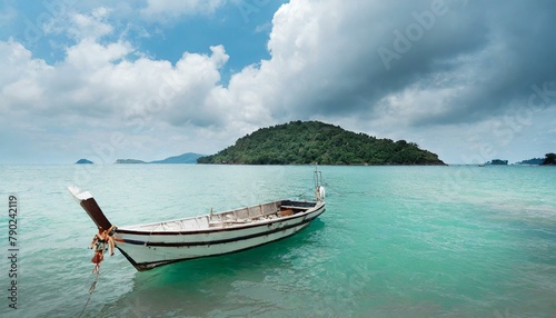 tropical island with boat boat, sea, beach, island, ocean, water, sky, travel © uzii