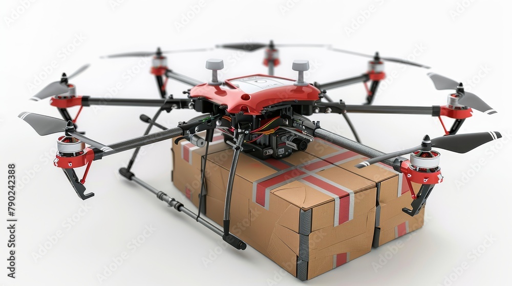 A drone is hovering over a cardboard box