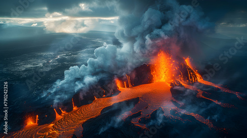 An aerial capture of a volcanic eruption, the lava flows creating a dynamic and ever-changing canvas