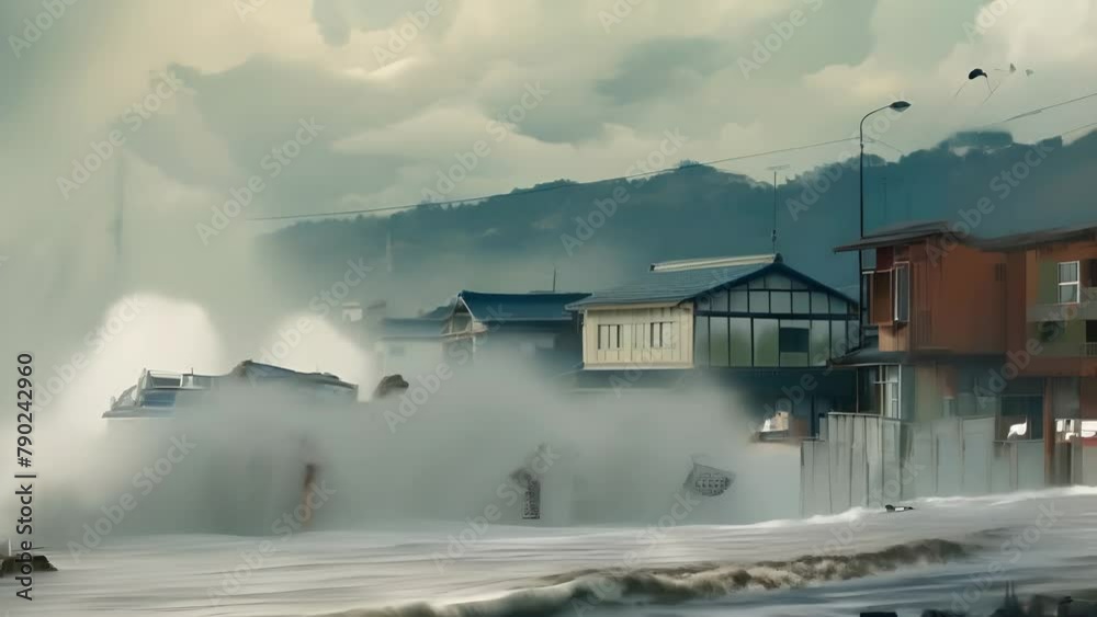 A huge tsunami wave engulfs the city
