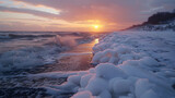 An ice-covered shoreline with chunks of sea ice being pushed onto the beach by the tide, a rare natural event captured in the early morning