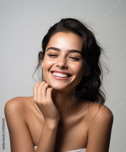 Beautiful model woman with clear facial skin pretty smile with nice healty teeth white back ground 03