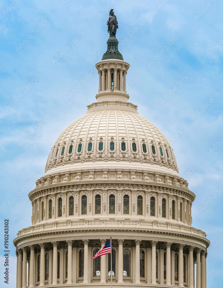 Fototapeta premium United States Capitol Building. Capitol Building in Washington DC. Dome of the Capitol building with American flag