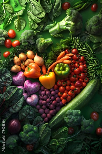 colorful vegetables in heart formations  intense green backdrop  diagonal camera angle
