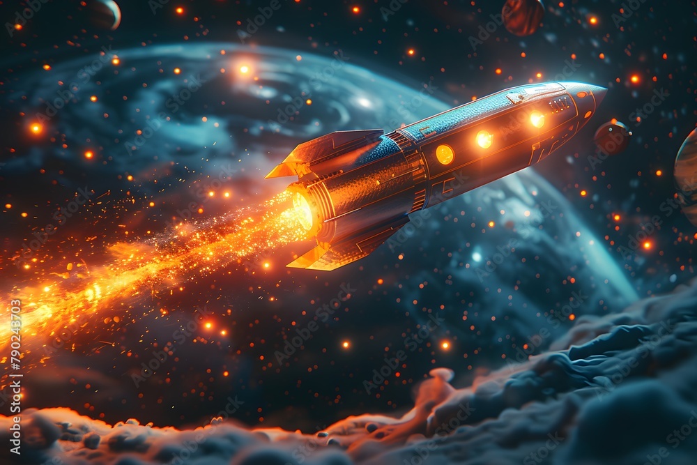 3D A rocket taking off, surrounded by planets and stars in the background 3D A rocket taking off, surrounded by planets and stars in the background