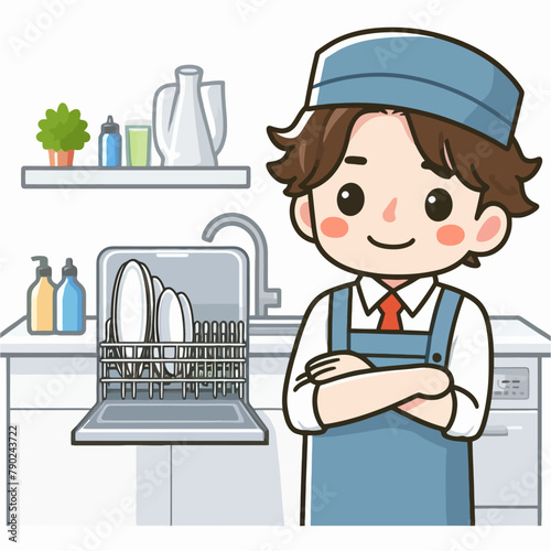 Cartoon Art of Man Washing Plates in Restaurant