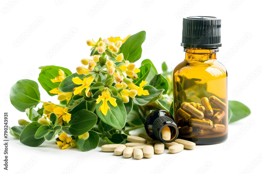 Glass bottle for medicine that is for health and flower with herbs. Isolated on a white background Glass bottle for medicine that is for health and flower with herbs. Isolated on a white background
