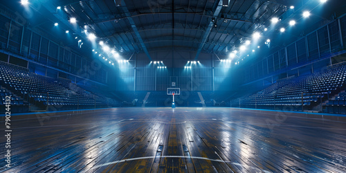 Empty basketball arena stadium sports ground with flashlights and fan sits withblue background