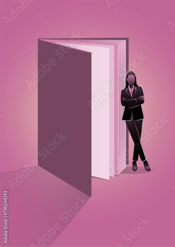 Confidence businesswoman leaning on a giant book
