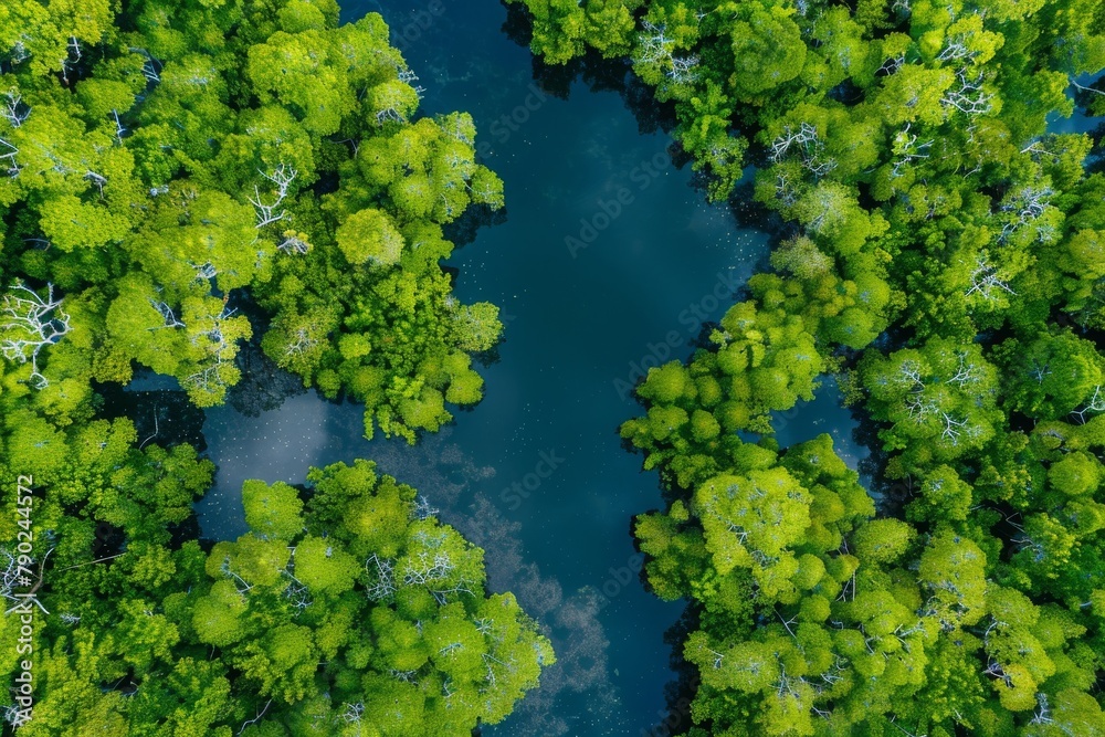 Vibrant overhead view of mangrove forest with water channels, expressing the ecosystem's lushness, Concept of conservation and natural habitats