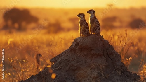 A pair of curious meerkats standing alert atop a sun-baked termite mound, their watchful eyes scanning the horizon for signs of danger or opportunity in the vast African savanna.