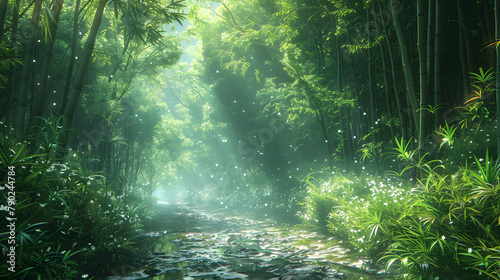 Early morning light filtering through a bamboo forest  creating patterns of light and dark on the forest floor