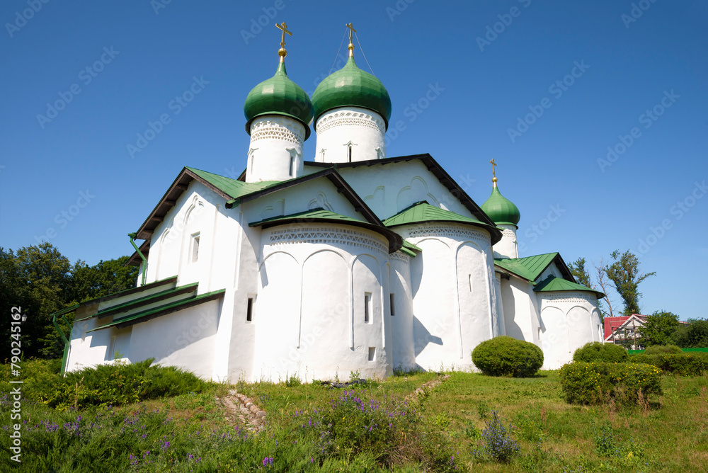 The medieval church of the Epiphany of the Lord from Zapskovye (1495) close-up on a sunny July day. Pskov, Russia The medieval church of the Epiphany of the Lord from Zapskovye (1495) close-up on a sunny July day. Pskov, Russia