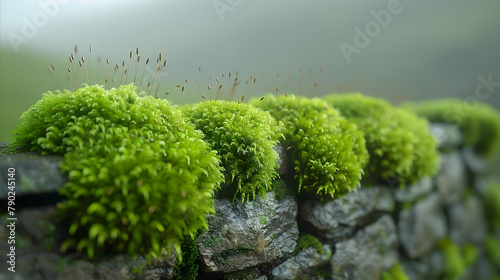 Moss growing on an old stone wall, each strand and spore captured in detail, highlighting the texture and color variations