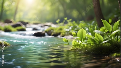  A photorealistic image capturing a beautiful spring scene with a detailed close-up of a stream of fresh water. The composition includes young green plants surrounding the stream  creating a vibrant a