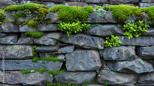 Moss growing on an old stone wall, each strand and spore captured in detail, highlighting the texture and color variations