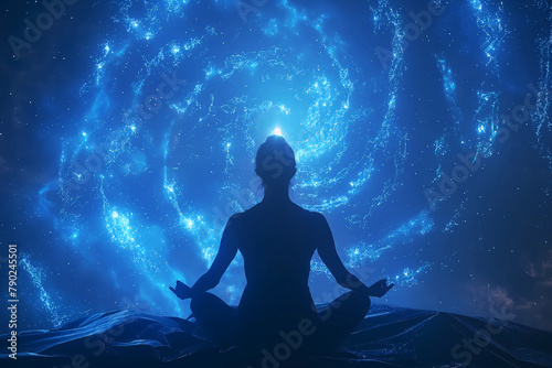 A person meditating in the center of an abstract background with glowing stars and galaxies