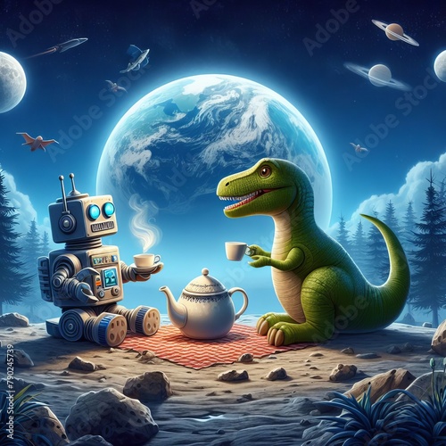 A whimsical scene of a robot and a dinosaur having a tea party on the moon, with a backdrop of the Earth rising over the horizon 
