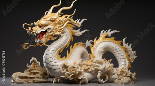  Gliding effortlessly through a sea of white  a Chinese golden dragon exudes an air of tranquility and grace 