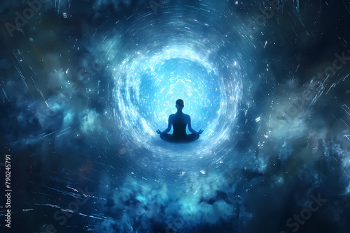 A person meditating in the center of an abstract background with glowing stars and galaxies