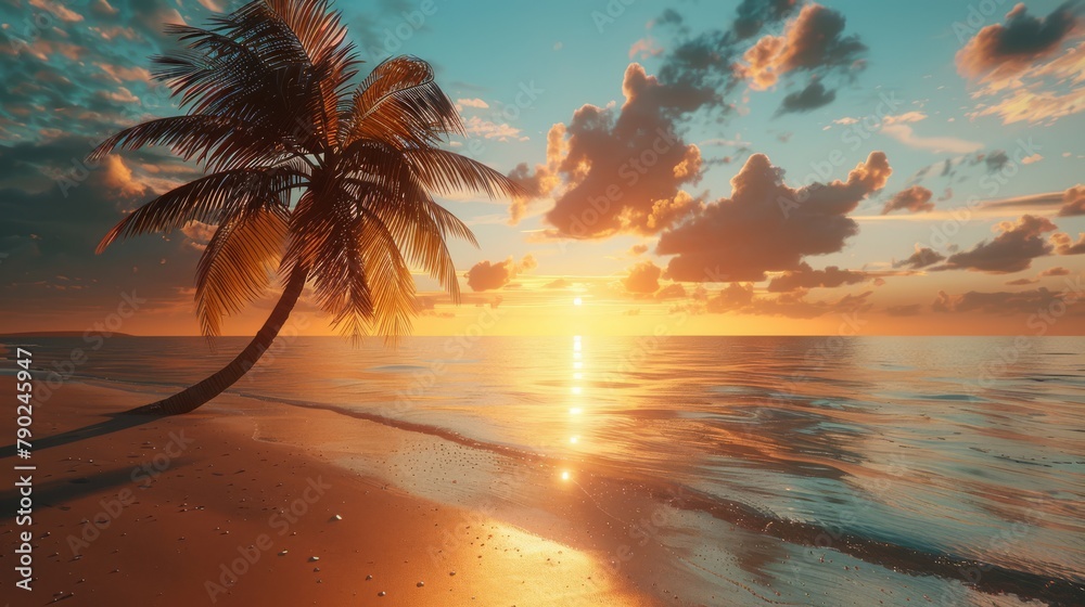 Golden sunset on a tranquil beach, with a lone palm tree and reflective ocean waters.. - obrazy, fototapety, plakaty 