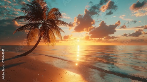 Golden sunset on a tranquil beach, with a lone palm tree and reflective ocean waters..