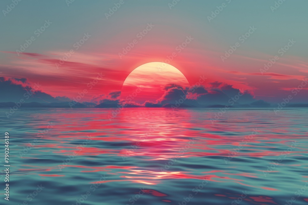 Stunning sunset with a crimson hue reflecting over calm ocean waters, silhouetting distant islands..