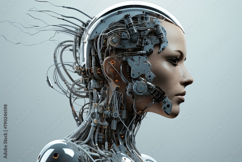 Futuristic android head, sleek, exposed wires, integrated nodes—a marvel blending human and tech in perfect convergence. Futuristic android head, sleek, exposed wires, integrated nodes—a marvel blending human and tech in perfect convergence.