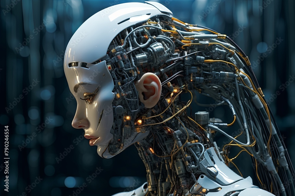 Futuristic android head, sleek, exposed wires, integrated nodes—a marvel blending human and tech in perfect convergence. Futuristic android head, sleek, exposed wires, integrated nodes—a marvel blending human and tech in perfect convergence.