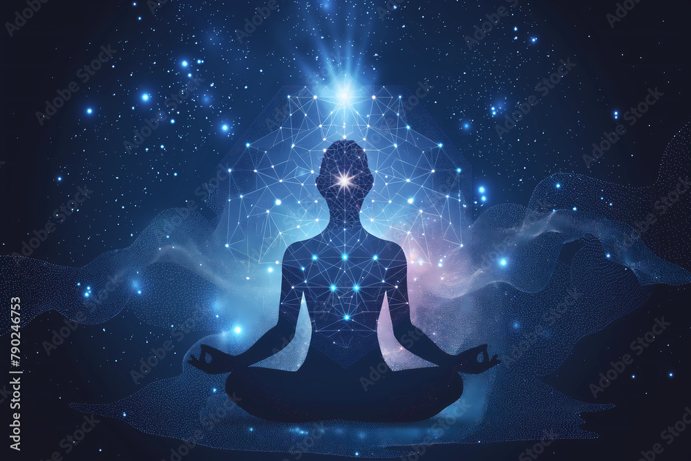 A person meditating in the center of an abstract background with glowing stars and galaxies A person meditating in the center of an abstract background with glowing stars and galaxies