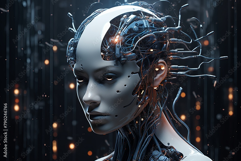 Futuristic android head, sleek, exposed wires, integrated nodes—a marvel blending human and tech in perfect convergence. Futuristic android head, sleek, exposed wires, integrated nodes—a marvel blending human and tech in perfect convergence.