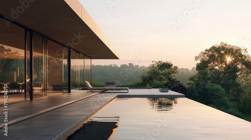 A modernist marvel, its sleek lines and minimalist design a testament to architectural finesse. Floor-to-ceiling windows capture the essence of the surrounding landscape,