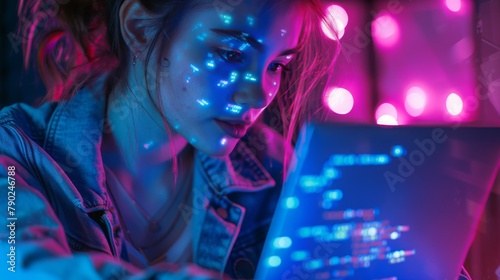 Woman Coding in Neon Lights