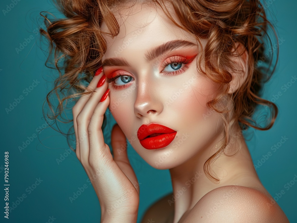 Fototapeta premium A strikingly beautiful girl with an unconventional hairstyle, vibrant makeup highlighting red lips, and intricate manicure design. Her captivating beauty is captured in this studio portrait. 