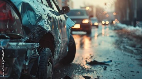 A car with a dented side is parked on a wet road at dusk, illuminated by the soft light of street lamps. Car after an accident. photo