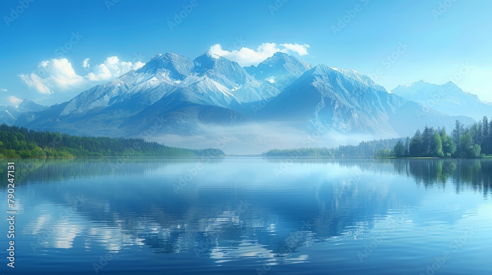 Tranquil scene of a crystal-clear lake reflecting snowy mountain peaks under a serene blue sky, embodying the concept of natural beauty and calmness