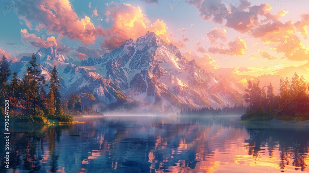 Sunrise over a serene mountain landscape reflected in a misty lake, concept of nature's tranquility and the splendor of the great outdoors