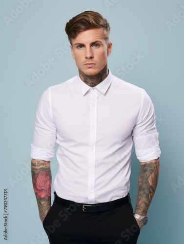 Tattooed man wearing white long sleeve shirt and black pants isolated on plain background