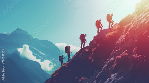A group of people hiking up a mountain.