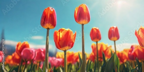 Pink tulips on a bright blue sky background #790247528