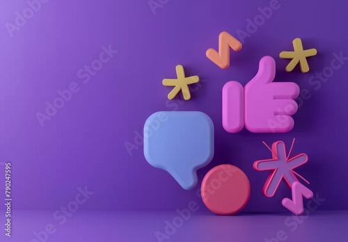 3D hashtag speech bubble & like button for social media. Trending tag follow, network promotion, marketing concept. Cartoon icon on purple bg. 3D Rendering